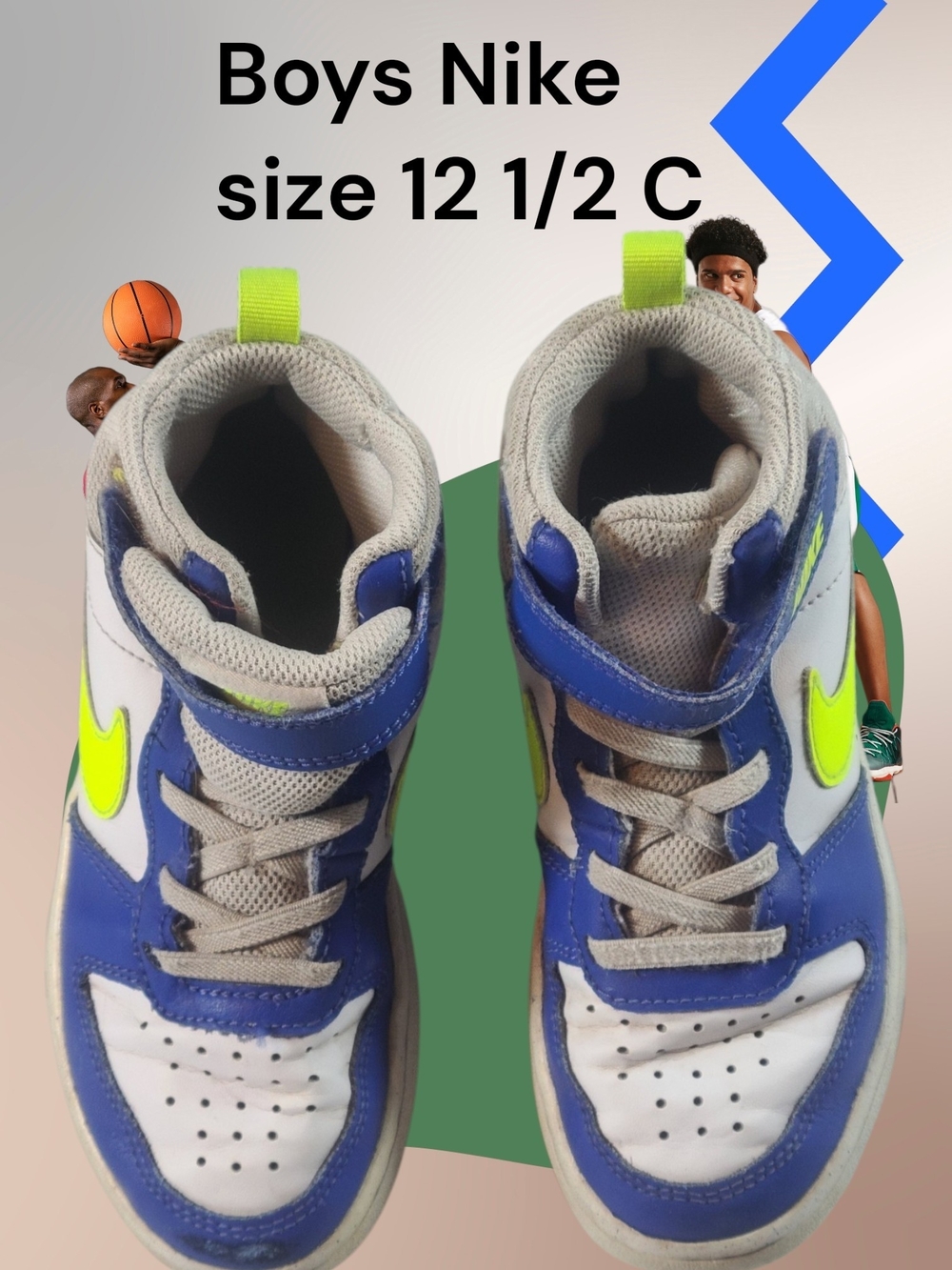 Nike Boys Blue & White High-Top Sneakers with Neon Green Swoosh Size 12 1/2 C